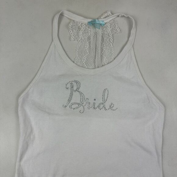 Betsey Johnson Size M White Ribbed Tank Top BRIDE Rinestones & Lace Racerback - Picture 3 of 9